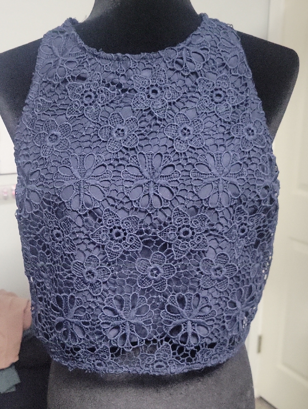 5/$20**Hollister Large Navy Blue Floral Crochet Lace Halter Crop Top